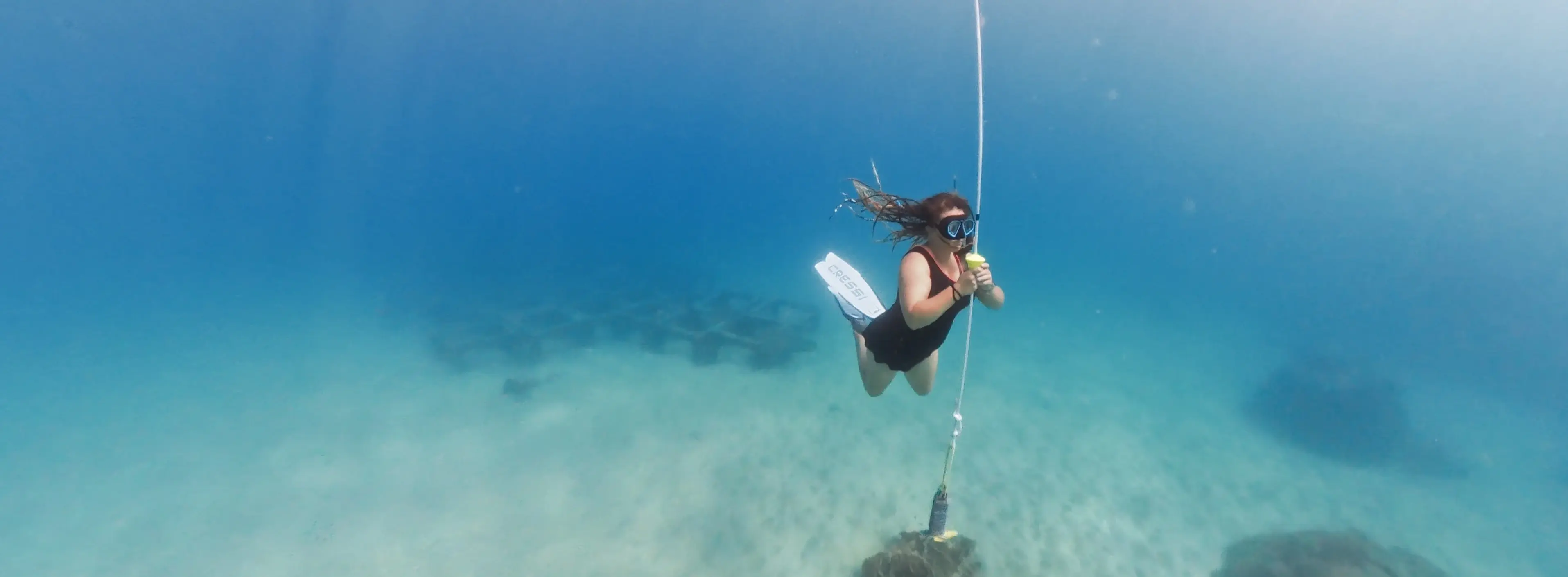 Freediver descending into the blue water depths near Koh Tao
